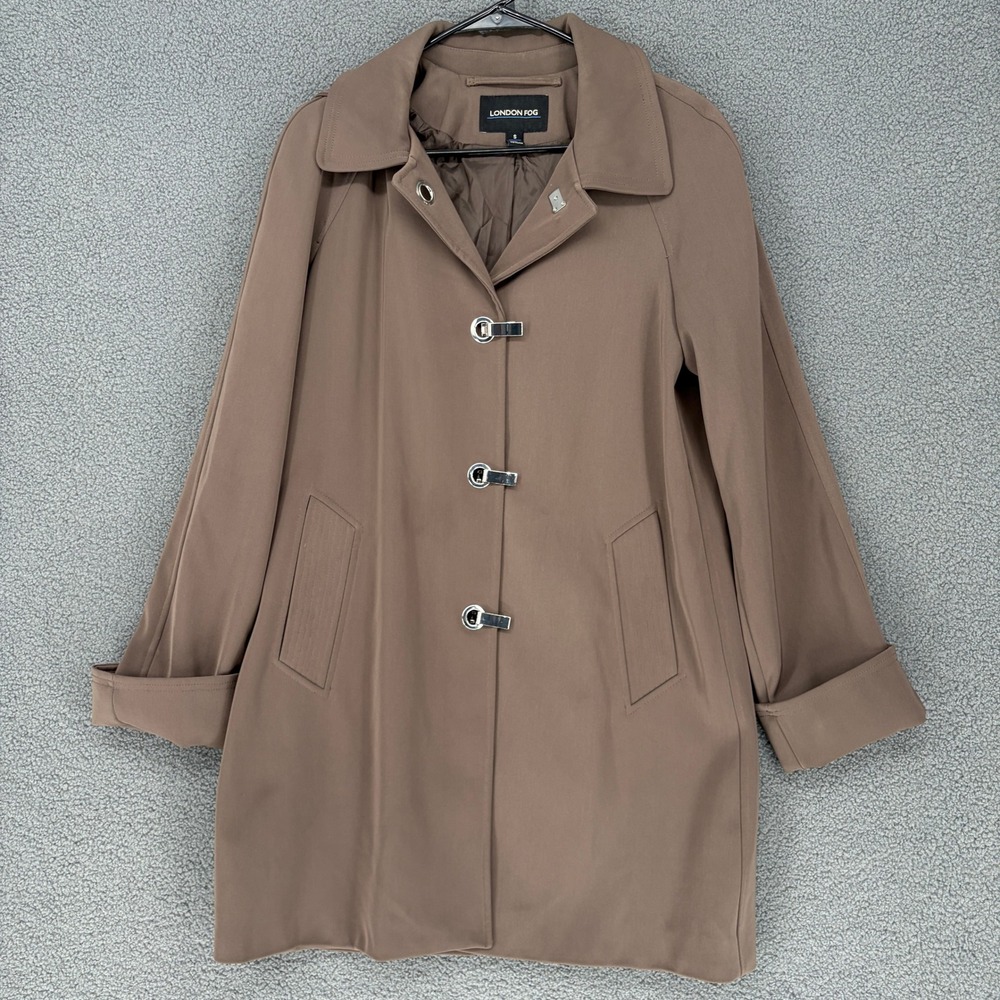 London Fog Womens Taupe Brown Toggle Closure Trench Coat with Detachable Hood S